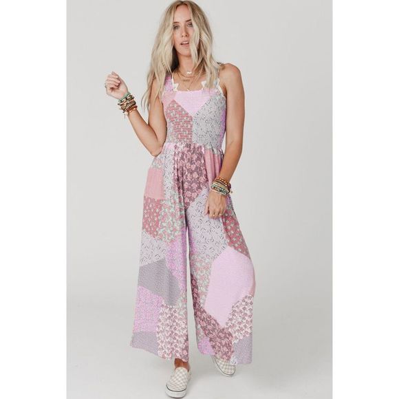 Azura Exchange  Pink Irregular Patchwork Print Smocked Wide Leg Jumpsuit - Picture 4 of 7